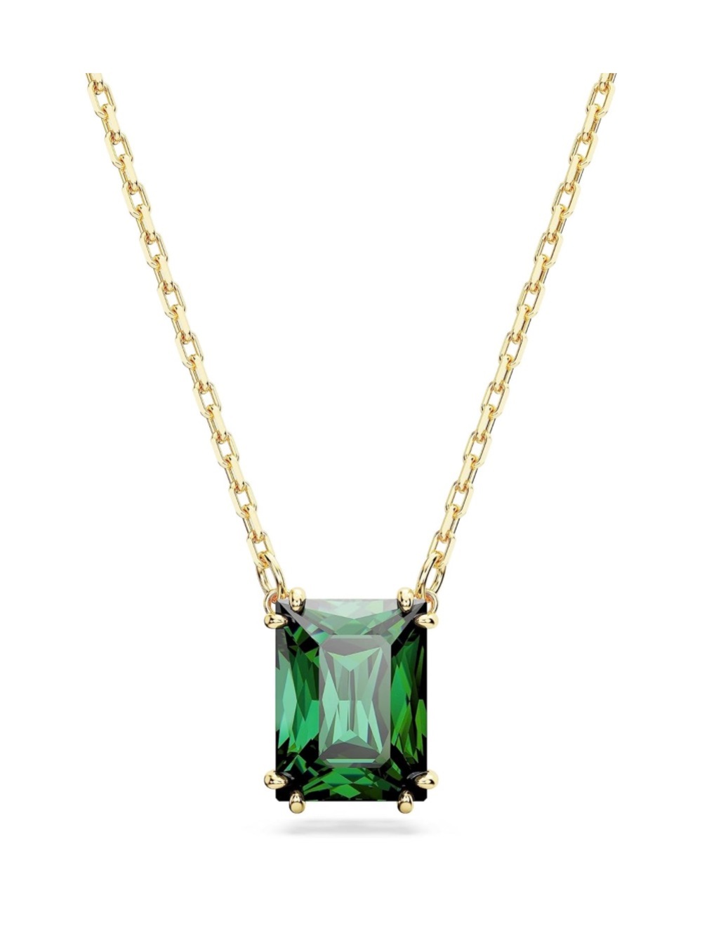 Swarovski Gold Pendant Necklace with Emerald Green Rectangular Stone - New